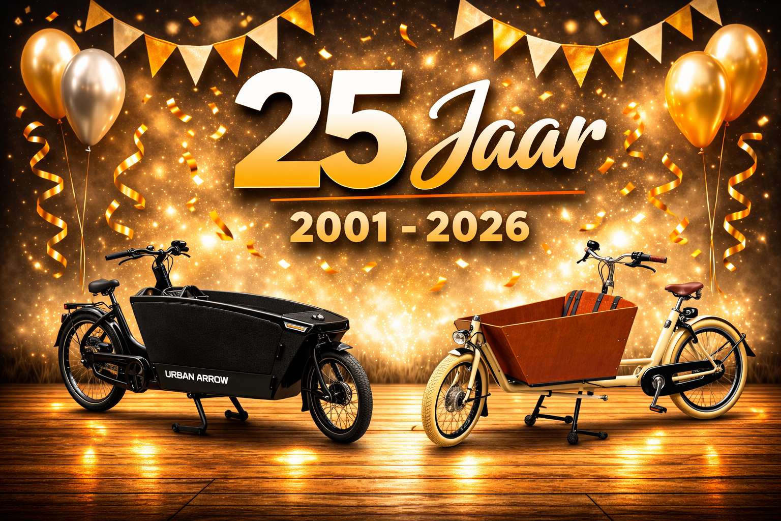 25 jaar Romeco Trading – jubileumafbeelding met Urban Arrow en Bakfiets.nl bakfiets, specialist in bakfietsen sinds 2005